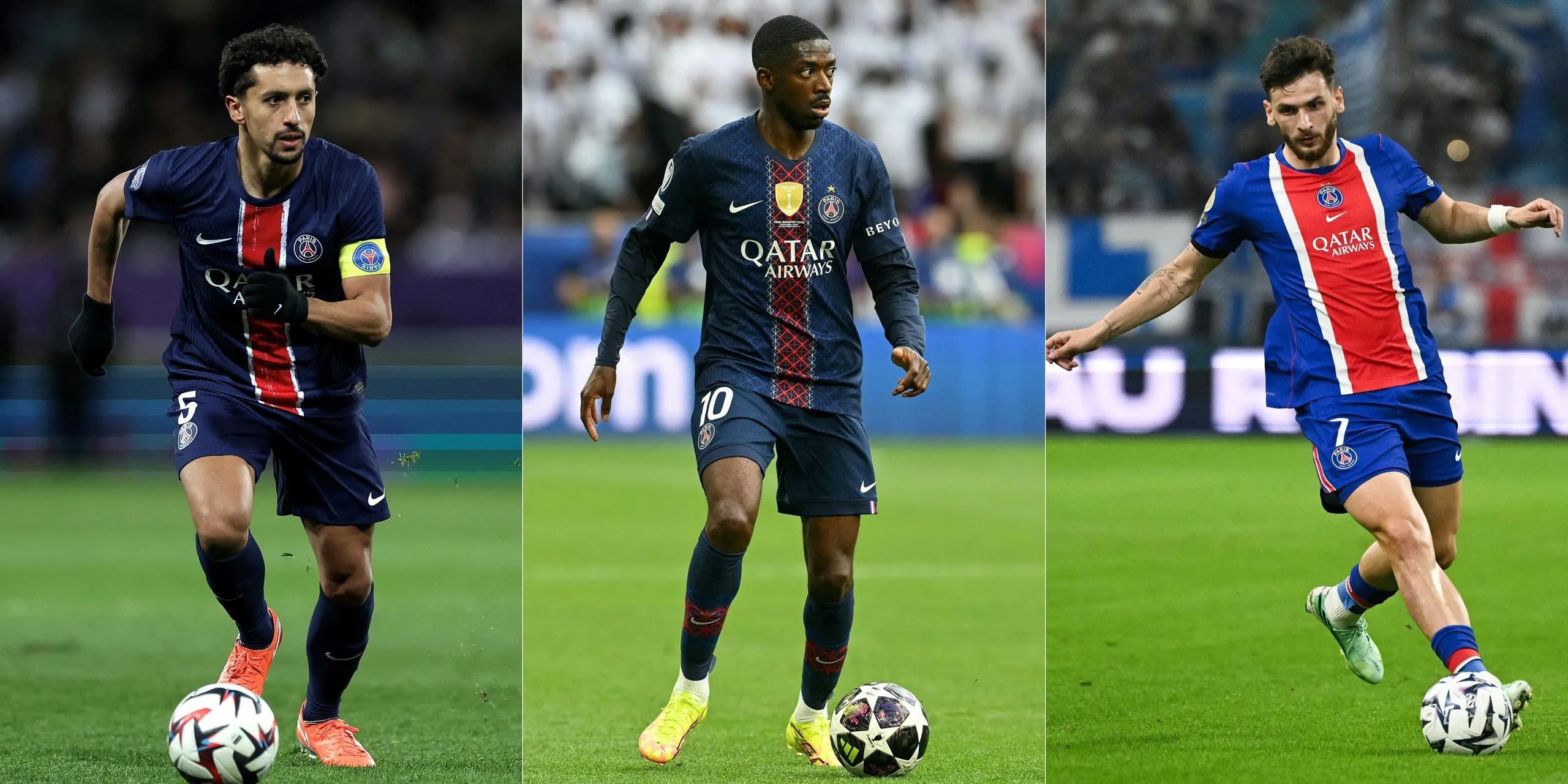 Paris Saint-Germain’s Marquinhos, Ousmane Dembélé and Khvicha Kvaratskhelia