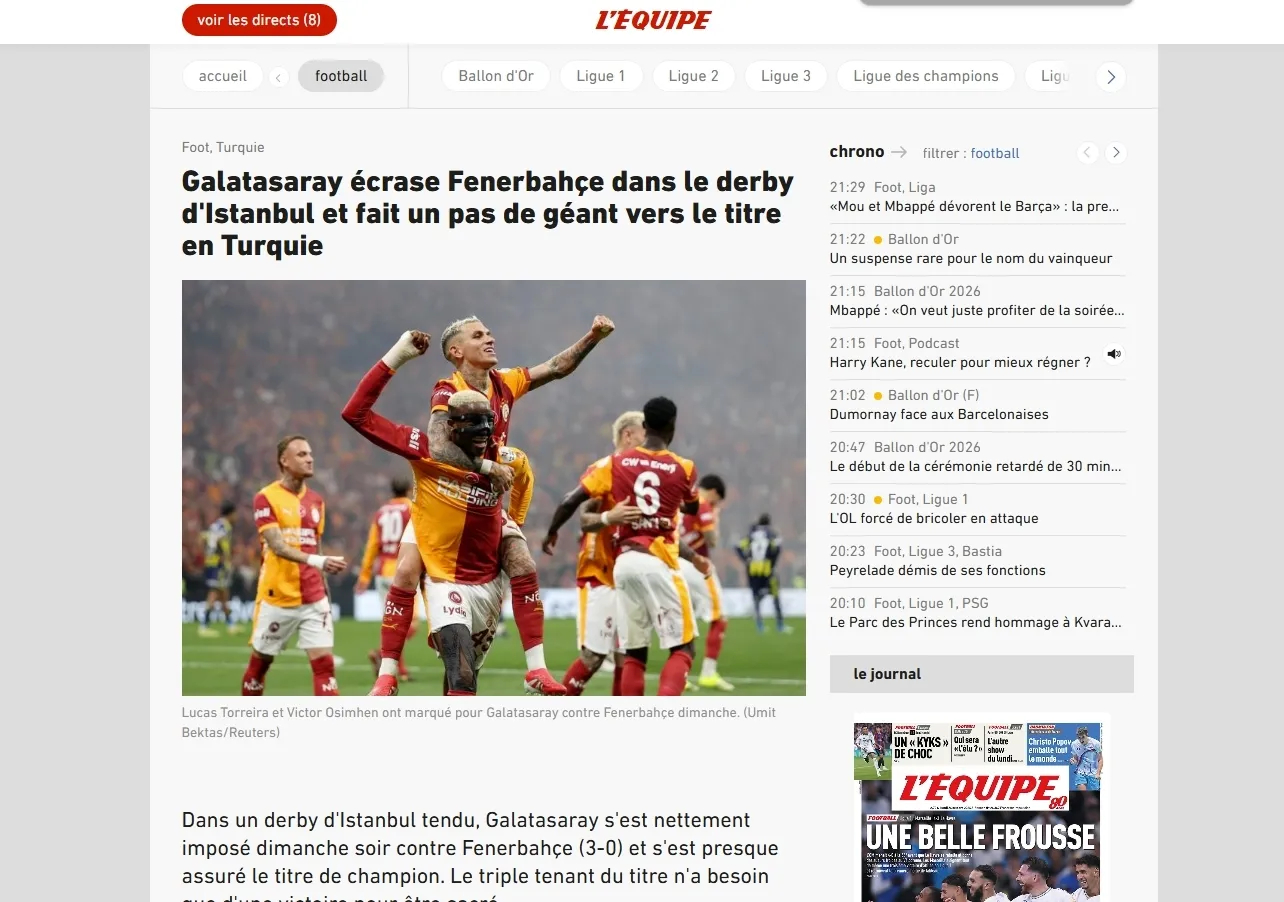Dış basın Galatasaray-Fenerbahçe derbisini konuşuyor!